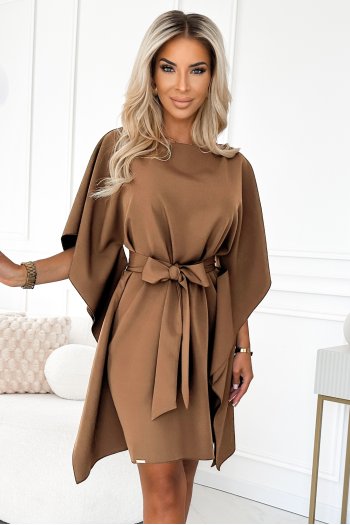 287-39 SOFIA Sukienka motyl z wiązaniem w pasie - cappuccino