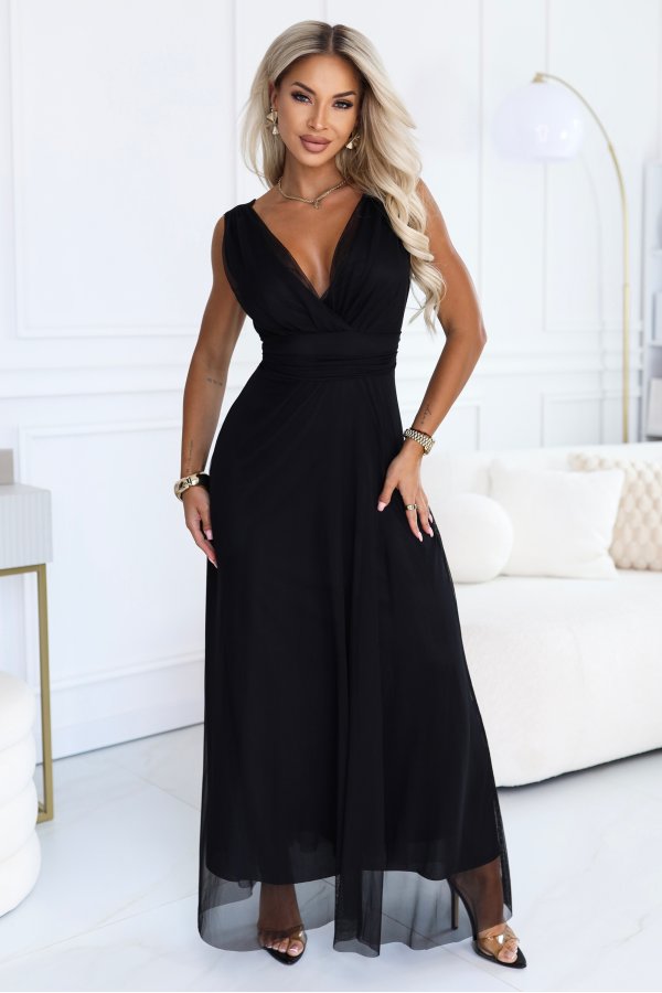 687-1 Elegancka sukienka maxi z kopertowym dekoltem i odkrytymi plecami - czarna