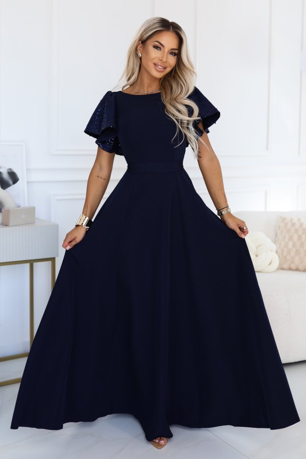 694-4 MIRELLA Elegancka rozkloszowana sukienka maxi z cekinowymi rękawkami - granatowa