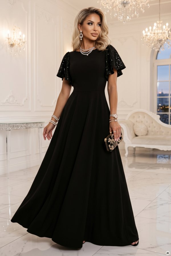 694-1 MIRELLA Elegancka rozkloszowana sukienka maxi z cekinowymi rękawkami - czarna